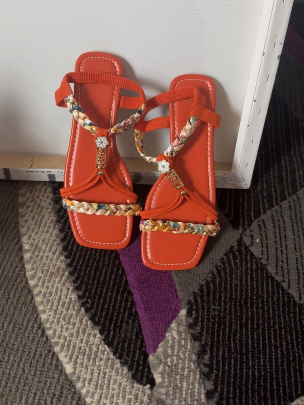 Women's Braided T-Strap Orange Sandals with Decorative Accents